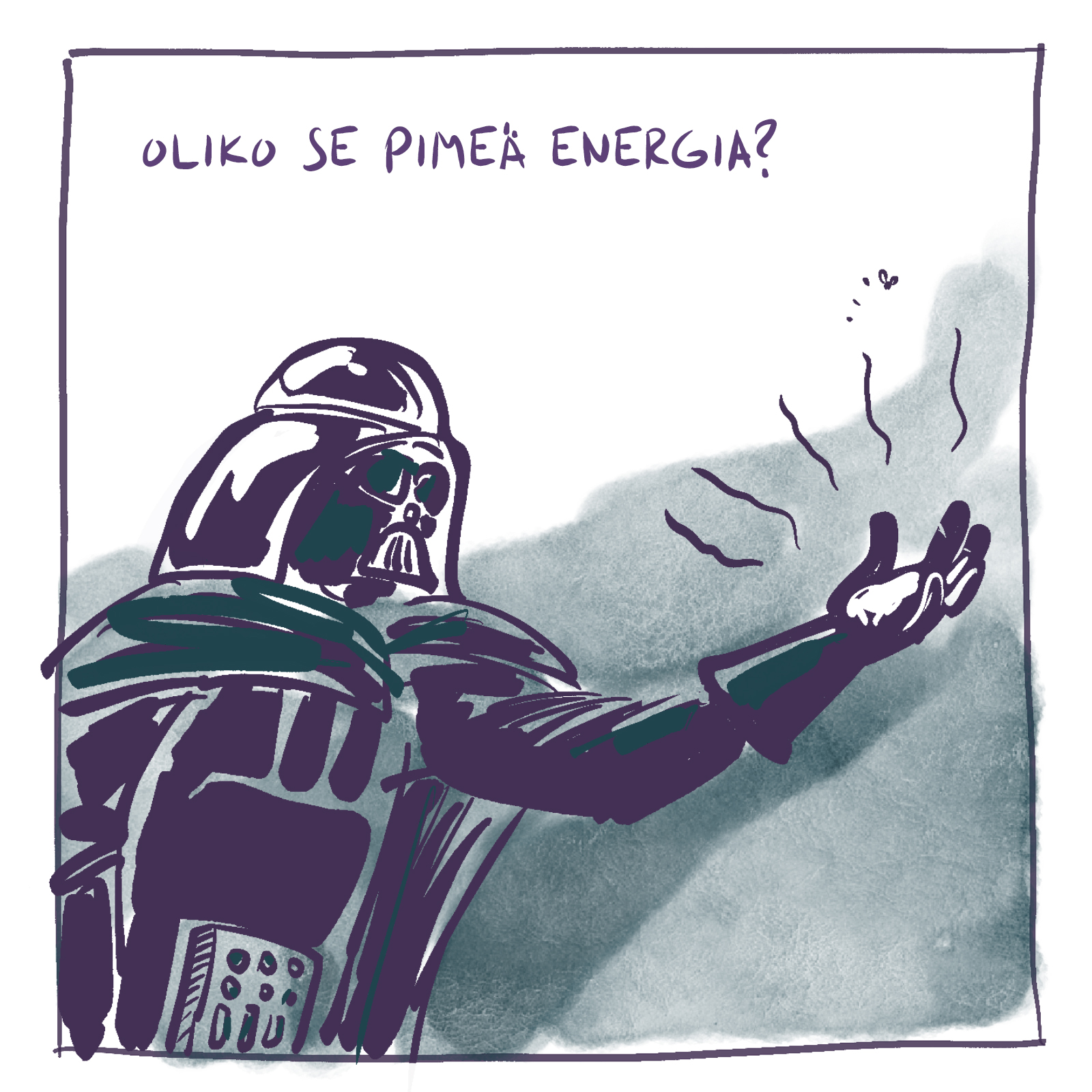 Piirros, jossa banaanikärpänen lentää Darth Vaderin käden päällä. Teksti, jossa lukee: "Oliko se pimeä energia?"