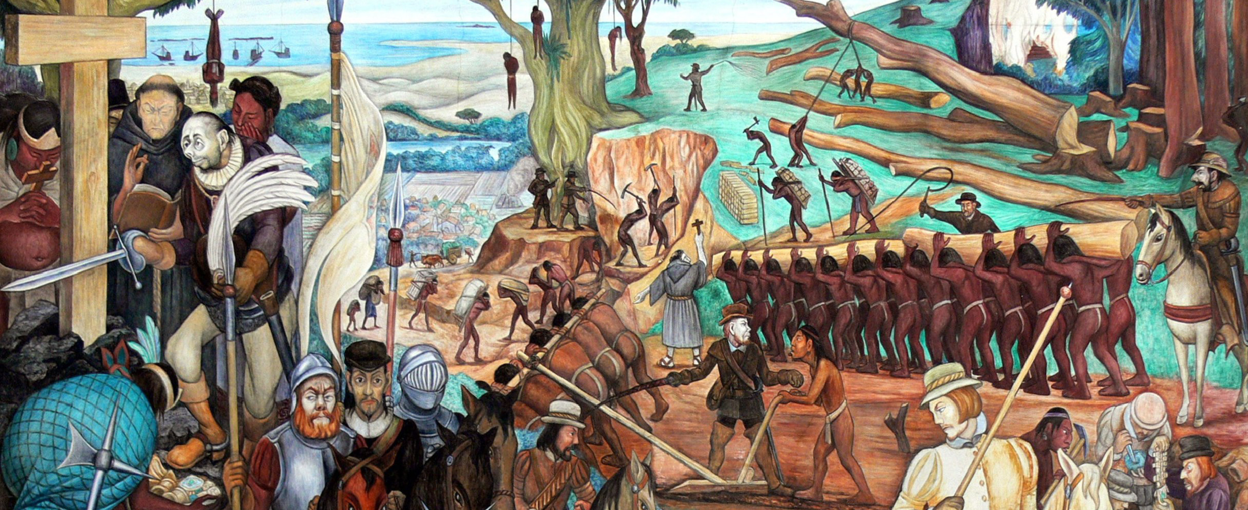 Värikäs maalaus, jossa tiiviisti kuvattuna Meksikon historian tapahtumia.