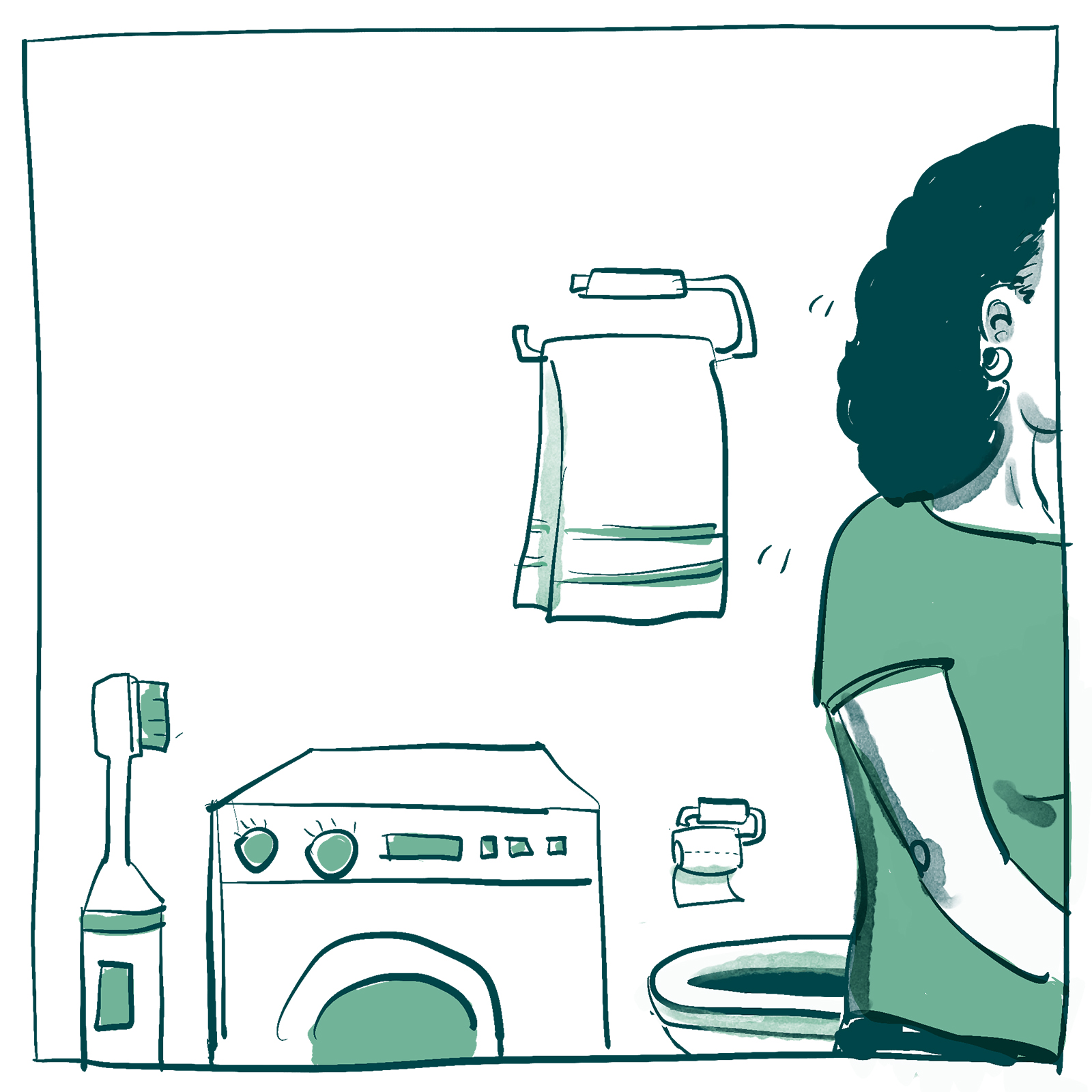 Piirros, jossa ihminen poistuu kylpyhuoneesta. Taustalla näkyy hammasharja, pesukone, vessapaperirulla ja pyyheteline.