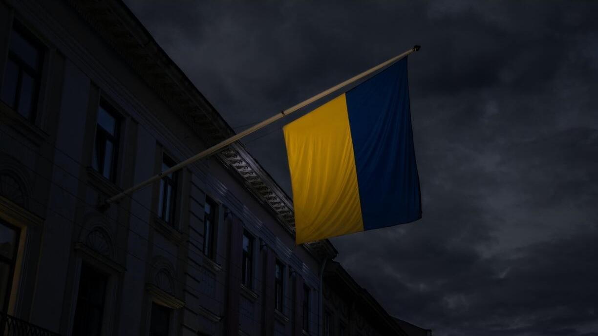 Ukrainan lippu roikkuu yön pimeydessä talon lipputangosta.