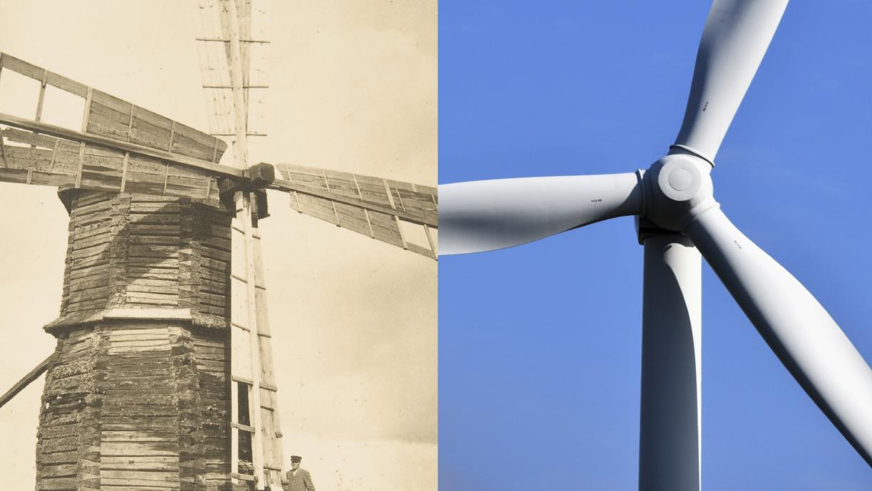 Kaksi tuulimyllyä: vanha puinen mylly ja moderni valkoinen mylly.