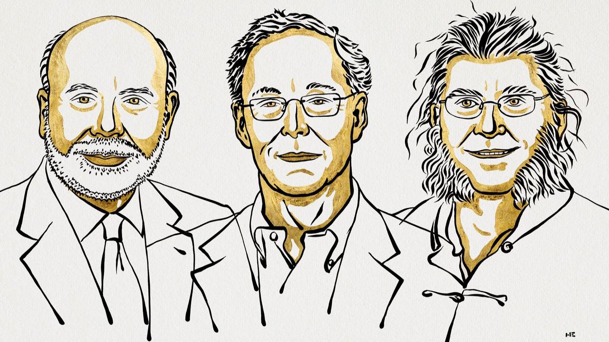 Piirros, jossa on Ben Bernanke, Douglas Diamond ja Philip Dybvig.
