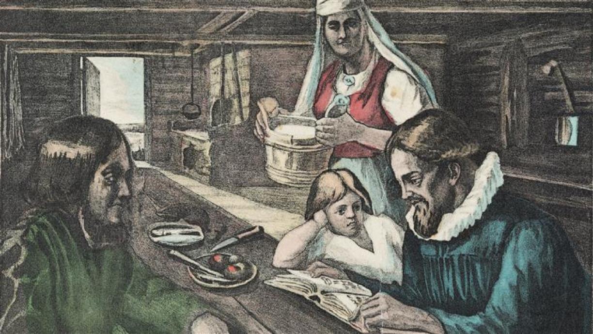 Piirroskuva, jossa on Mikael Agricola selailemassa Suomen ensimmäistä raamattua. Pöydän ääressä myös kaksi lasta. Nainen seisoo vadin kanssa.