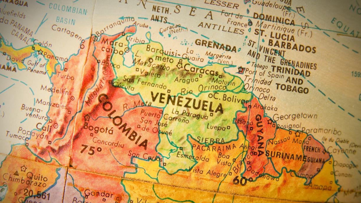 Kartta, jossa näkyy Etelä-Amerikan pohjoisosaa. Keskellä Venezuela.