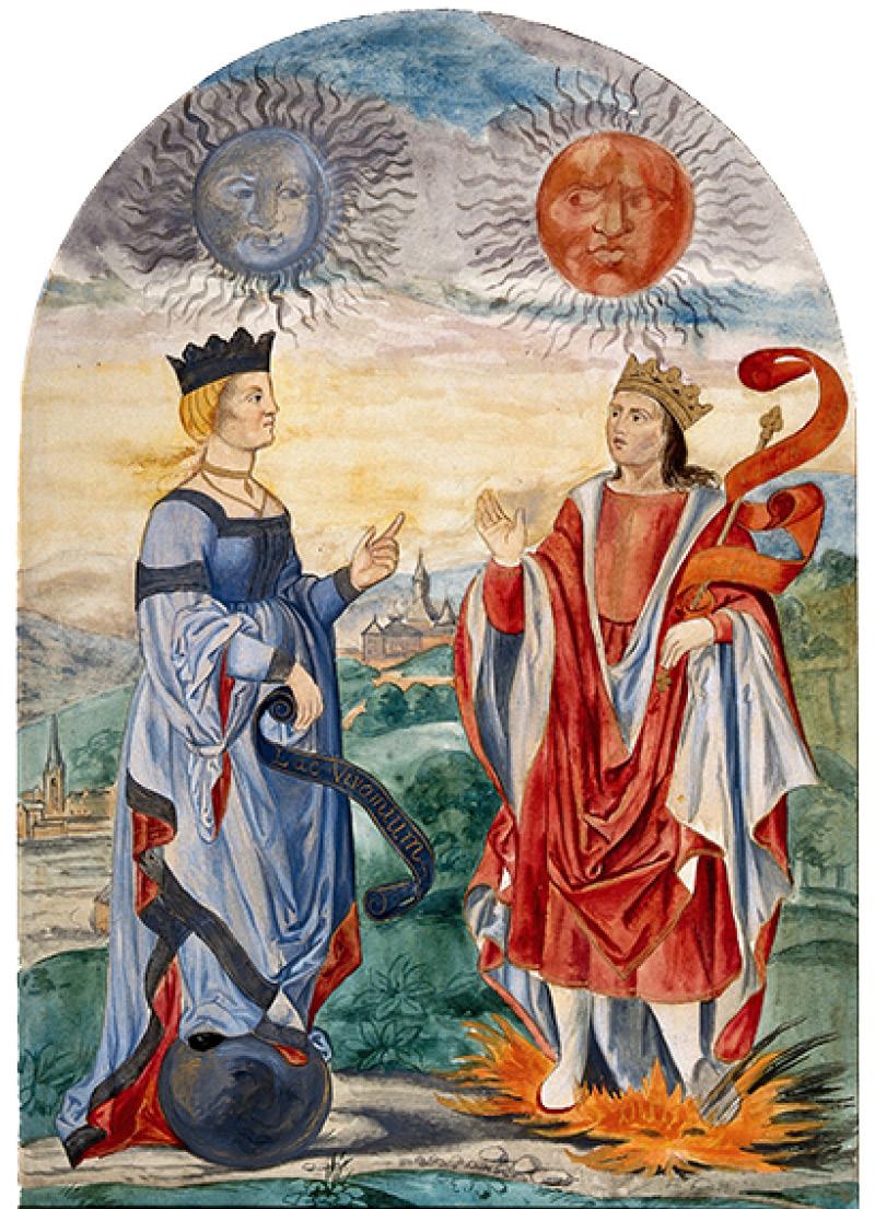 Maalaus, jossa on kaksi ihmishahmoa. Toinen on sinisissä vaatteissa ja seisoo mustan pallon päällä. Toinen on punaisissa vaatteissa ja seisoo tulen päällä. Sinipukeisen hahmon pään päällä on sininen aurinko ja punapukuisen pään päällä punainen aurinko.