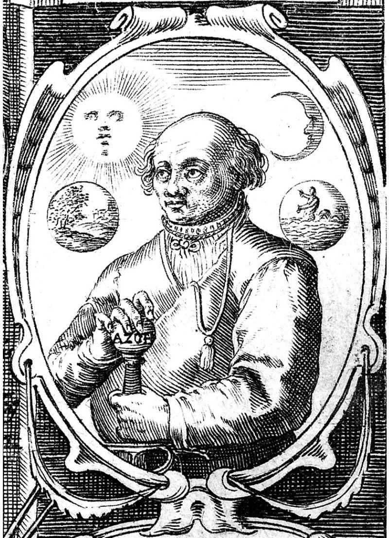 Mustavalkoinen piirros, jossa on puolivartalokuva kaljusta miehestä. Hänen päänsä toisella puolella on aurinko ja toisella kuu.