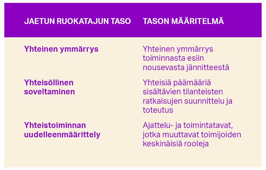 Jaetun ruokatajun tasoja on kolme. 1. Yhteinen ymmärrys toiminnasta esiin nousevasta jännitteestä. 2. Yhteisöllinen soveltaminen eli yhteisiä päämääriä sisältävien tilanteisten ratkaisujen suunnittelu ja toteutus. 3. Yhteistoiminnan uudelleenmäärittely eli ajattelu- ja toimintatavat, jotka muuttavat toimijoiden keskinäisiä rooleja.