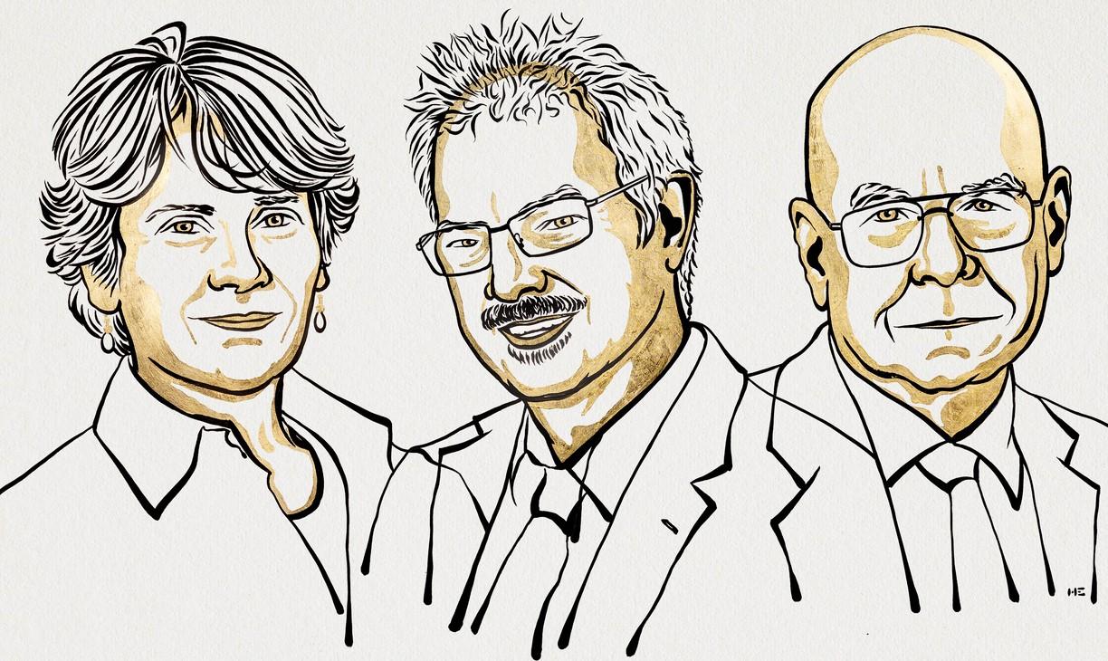 Piirroskuva, jossa on kemian nobelistit Carolyn Bertozzi, Morten Meldal ja Barry Sharpless.