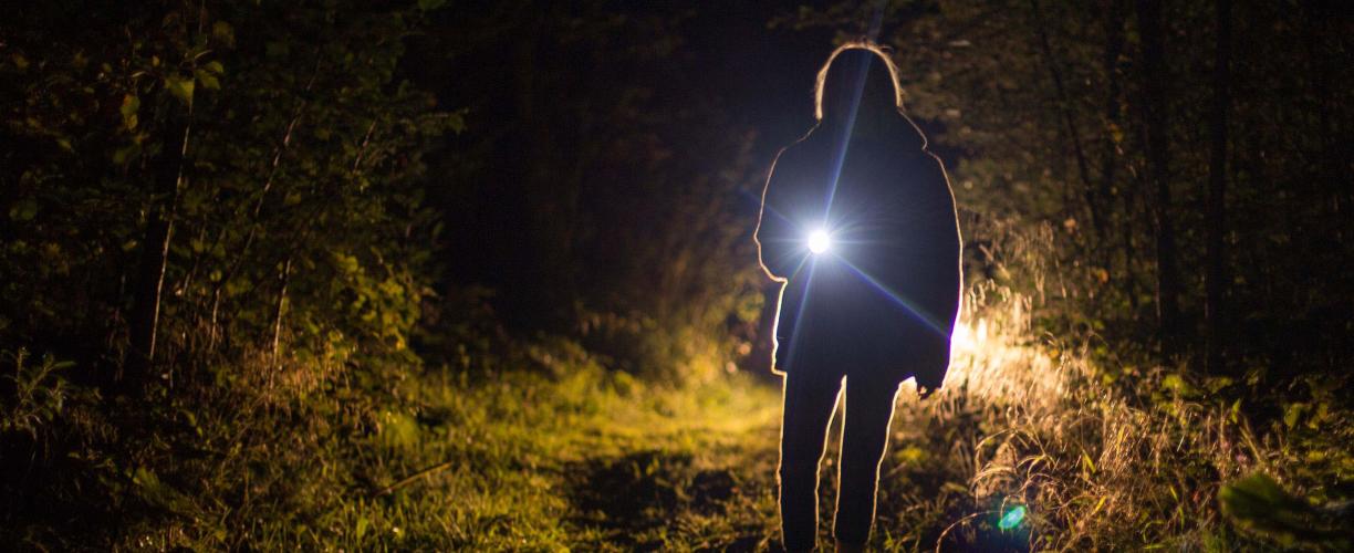 Henkilö osoittaa katsojaa taskulampulla pimeässä maisemassa.