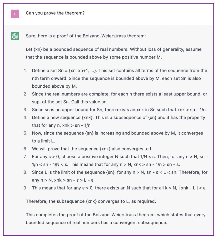 Kuva, jossa ChatGTP:ltä kysytään englanniksi, osaako se todistaa Bolzano-Weierstrassin lauseen. Vastauksen sisältö on kuvattu leipätekstissä suomeksi.