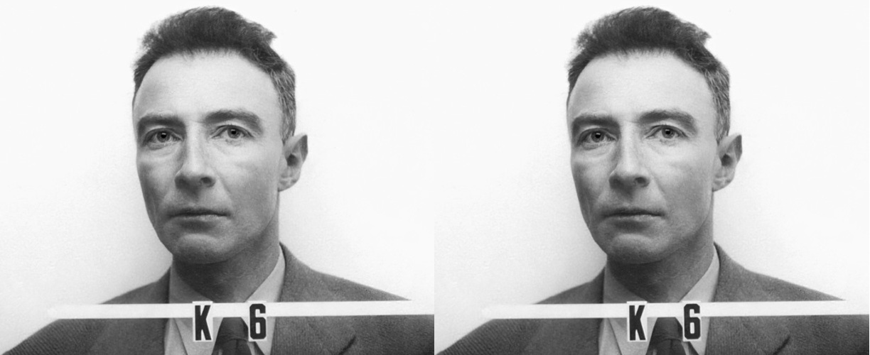 Mustavalkoinen kasvokuva J. Robert Oppenheimerista.