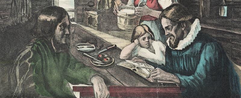 Piirroskuva, jossa on Mikael Agricola selailemassa Suomen ensimmäistä raamattua. Pöydän ääressä myös kaksi lasta. Nainen seisoo takana.