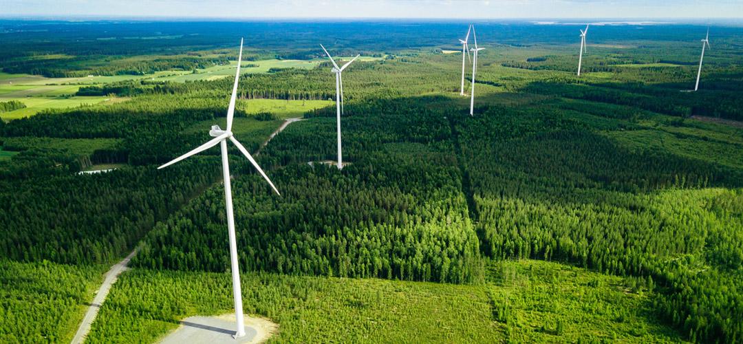 Tuulivoimaa metsäisessä maisemassa ilmasta kuvattuna.