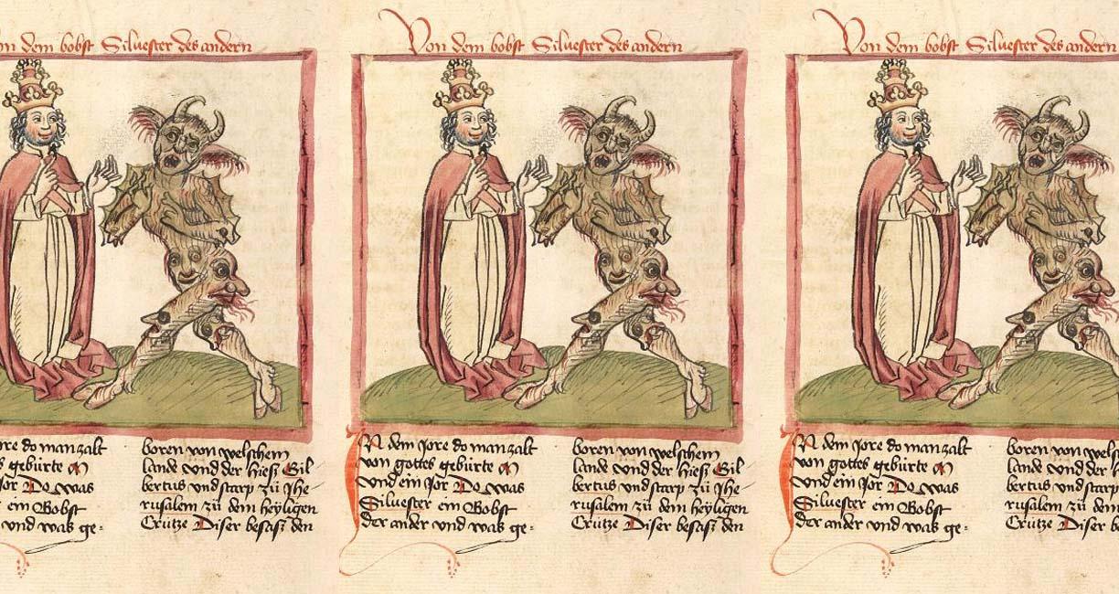 Keskiaikaisessa kirjassa piirros, jossa on Sylvester II ja paholainen. Lisäksi latinankielistä tekstiä.