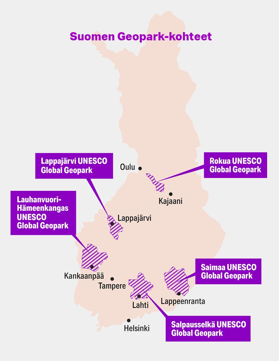 Suomen Geopark-kohteet esiteltynä Suomen kartalla. Kohteita on viisi: Salpausselkä UNESCO Global Geopark Lahden seudulla, Saimaa UNESCO Glogal Geopark Lappeenrannan pohjoispuolella, Lauhanvuori-Hämeenkangas UNESCO Global Geopark Kankaanpään pohjoispuolella, Lappajärvi UNESCO Global Geopark Lappajärven ympäristössä sekä Rokua UNESCO Global Geopark Oulun ja Kajaanin välissä.