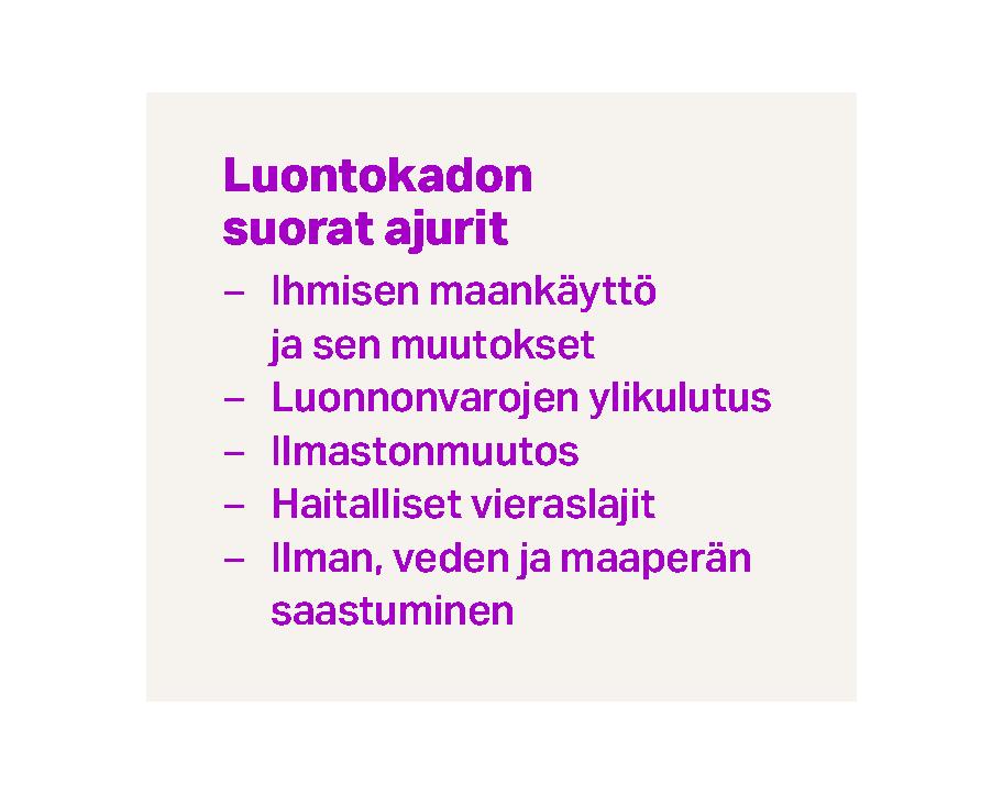 Luontokadon suorat ajurit: Ihmisen maankäyttö ja sen muutokset. Luonnonvarojen ylikulutus. Ilmastonmuutos. Haitalliset vieraslajit. Ilman, veden ja maaperän saastuminen.