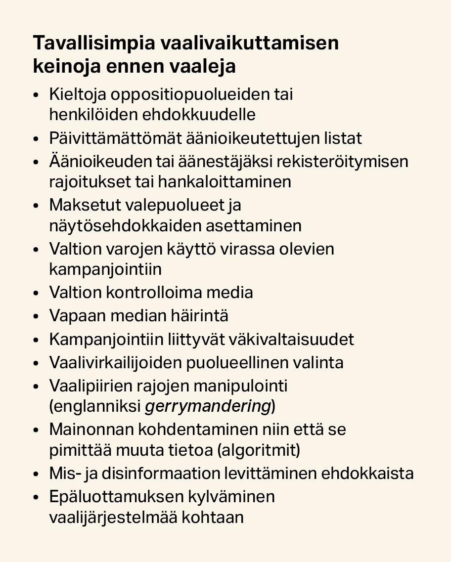 Tavallisimpia vaalivaikuttamisen keinoja ennen vaaleja. Kiellot opposition ehdokkaille. Päivittämättömät äänioikeutettujen listat. Äänestäjäksi rekisteröitymisen vaikeuttaminen. Maksetut valepuolueet ja näytösehdokkaiden asettaminen. Valtion varojen käyttö virassa olevien kampanjointiin. Valtion kontrolloima media. Vapaan median häirintä. Kampanjointiin liittyvät väkivaltaisuudet. Vaalivirkailijoiden puolueellinen valinta. Vaalipiirien manipulointi (gerrymandering). Mis- ja disinformaation levittäminen.
