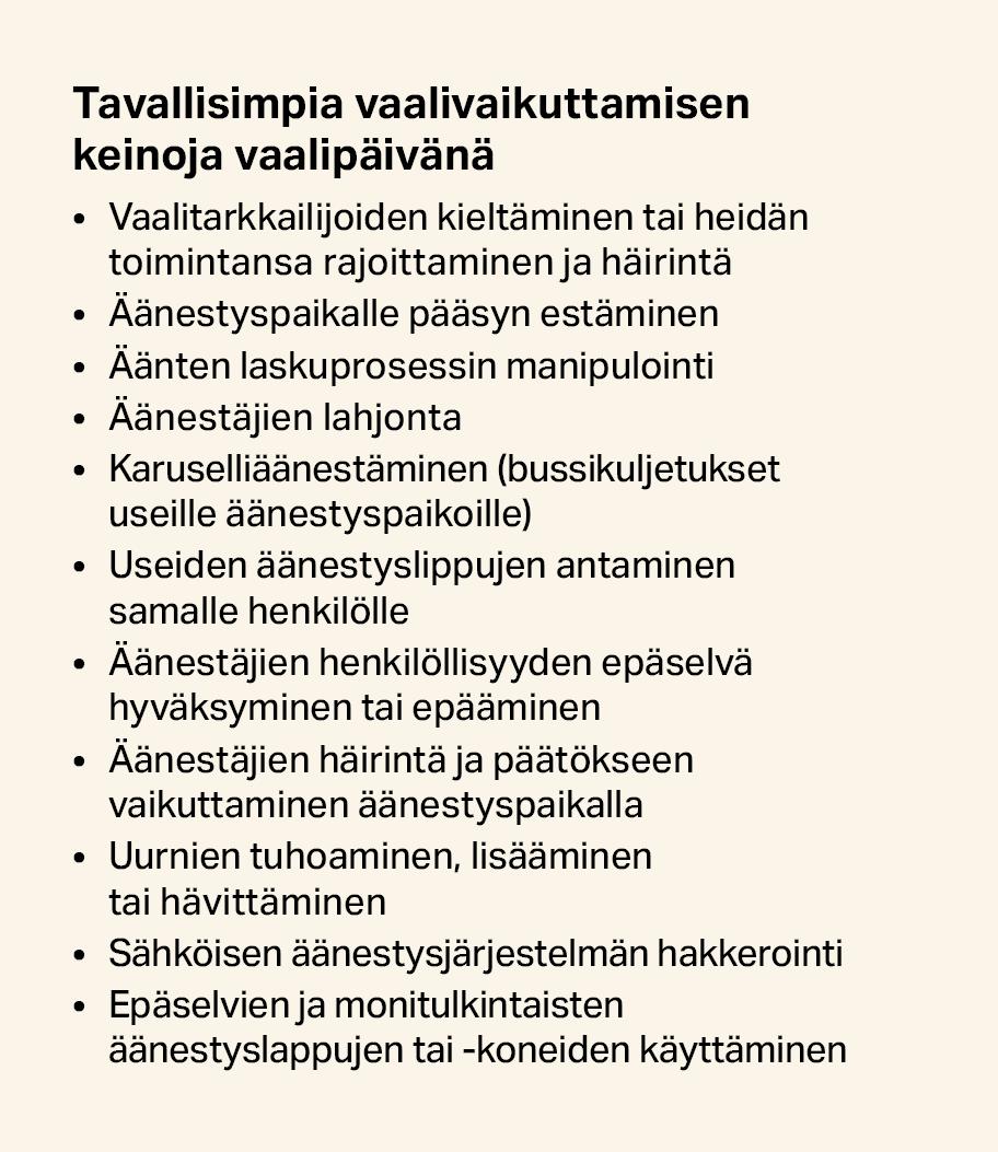 Tavallisimpia vaalivaikuttamisen keinoja vaalipäivänä. Vaalitarkkailijoien kieltäminen tai rajoittaminen, äänsetyspaikalle pääsyn estäminen, ääntenlaskuprosessin manipulointi, äänestäjien lahjonta, bussikuljetukset useille äänestyspaikoille, useiden äänestyslippujen antaminen samalle henkilölle, äänestäjien henkilöllisyyden epäselvä hyväksyminen tai epääminen, äänestäjien häirintä, uurnien tuhoaminen, sähköisen äänestysjärjestelmän hakkerointi, epäselvien äänestyslappujen tai -koneiden käyttäminen.