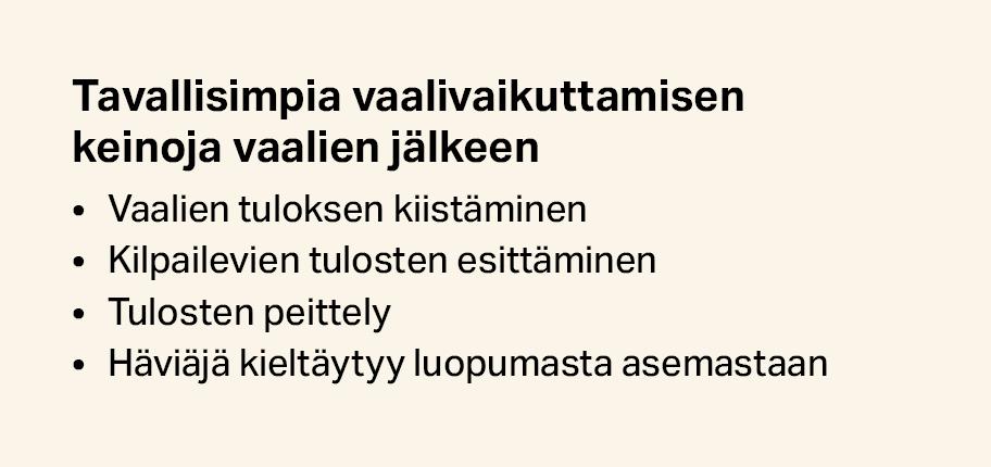 Tavallisimpia vaalivaikuttamisen keinoja vaalien jälkeen. Vaalien tuloksen kiistäminen. Kilpailevien tulosten esittäminen. Tulosten peittely. Häviäjä kieltäytyy luopumasta asemastaan.