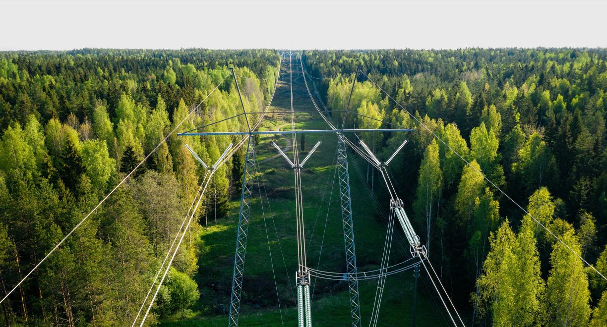 Suuri voimalinja halkoo metsäistä maisemaa.