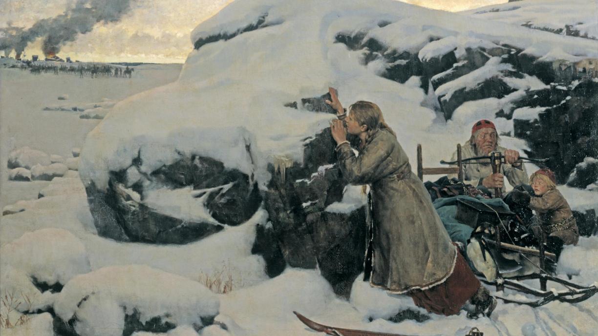 Albert Edelfeltin maalaus "Poltettu kylä".
