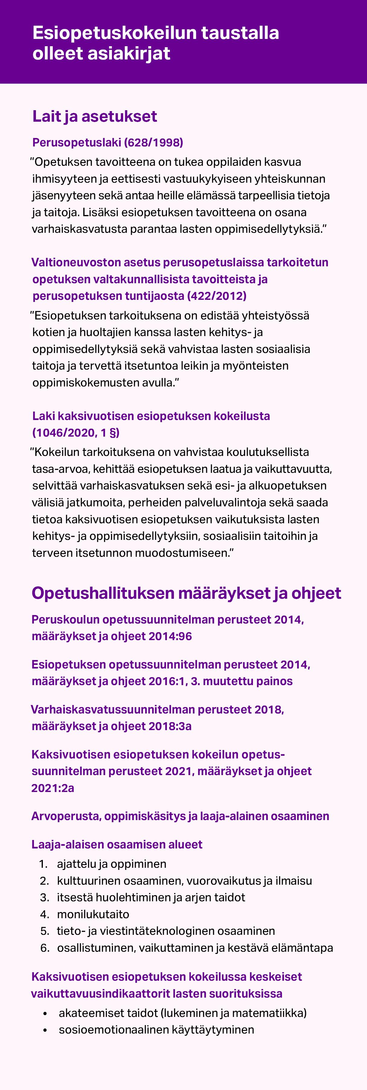 Esiopetuskokeilun taustalla olleet asiakirjat. Lait ja asetukset: Perusopetuslaki, valtioneuvoston asetus perusopetuslaissa tarkoitetun opetuksen valtakunnallisista tavoitteista ja perusopetuksen tuntijaosta ja laki kaksivuotisen esiopetuksen kokeilusta. Opetushallituksen määräykset ja ohjeet: peruskoulun opetussuunnitelman perusteet 2014, esiopetuksen opetussuunnitelman perusteet 2014, varhaiskasvatussuunnitelman perusteet 2018, kaksivuotisen esiopetuksen kokeilun opetus­suunnitelman perusteet 2021.