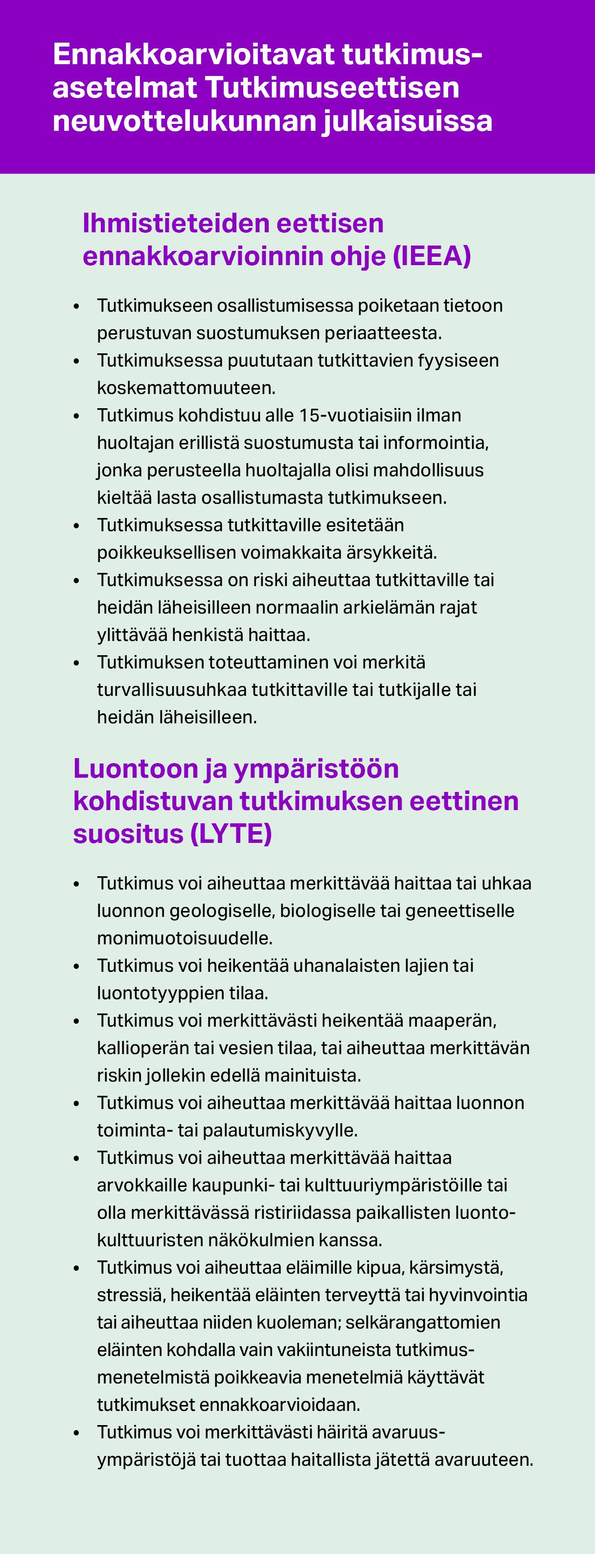 Ennakkoarvioitavat tutkimusasetelmat TENKin julkaisuissa. Ihmistieteiden eettisen ennakkoarvioinnin ohje, mm.: puututaan tutkittavien fyysiseen koskemattomuuteen, heille esitetään voimakkaita ärsykkeitä, tutkimuksen toteuttaminen voi olla turvallisuusuhka. Luontoon ja ympäristöön kohdistuvan tutkimuksen eettinen suositus, mm.: tutkimus voi aiheuttaa haittaa luonnon monimuotoisuudelle, sen toiminta- tai palautumiskyvylle, heikentää uhanalaisten lajien tai luontotyyppien tilaa tai aiheuttaa eläimille kipua.