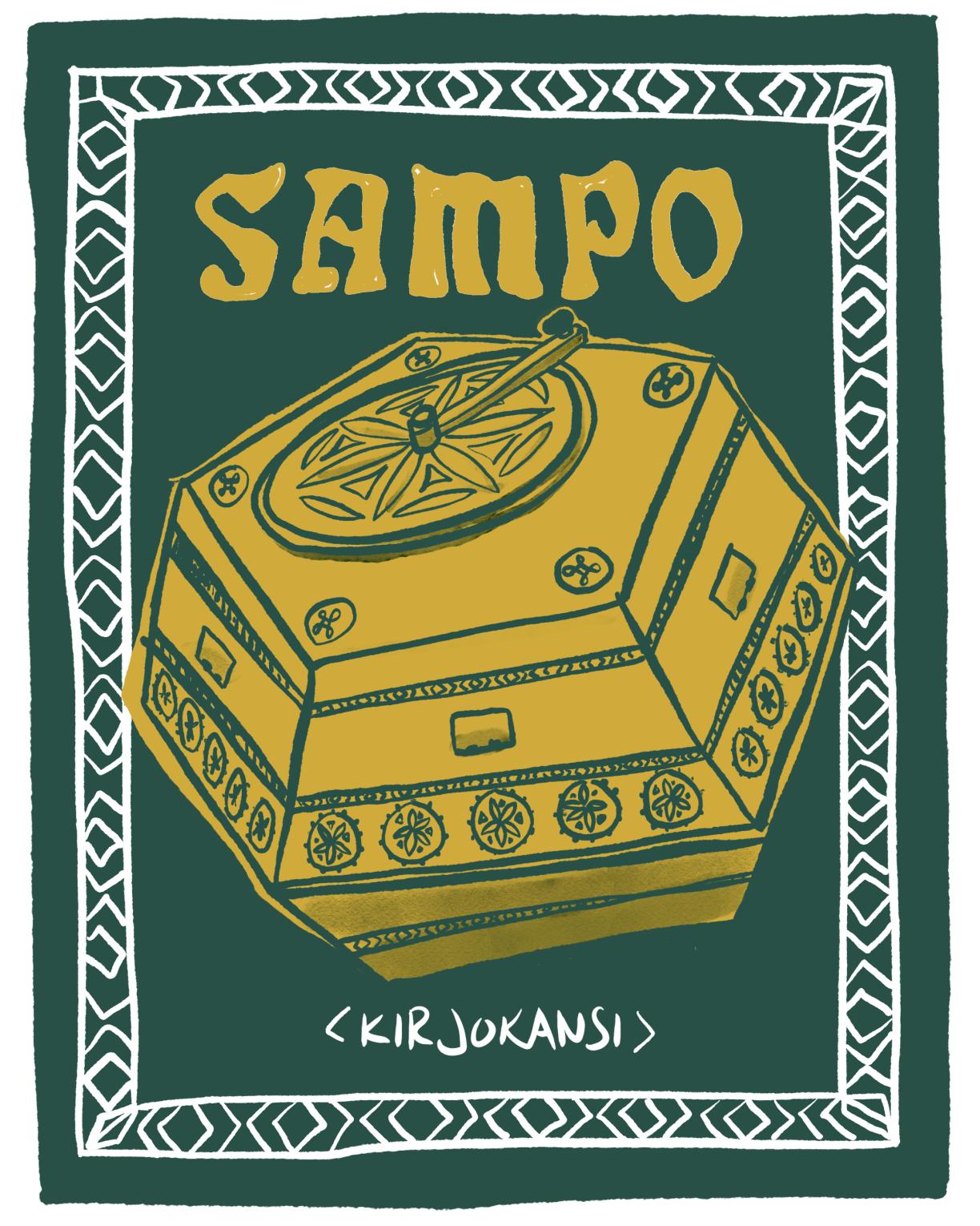 Laite, jonka päällä lukee "Sampo" ja alla suluissa "kirjokansi".