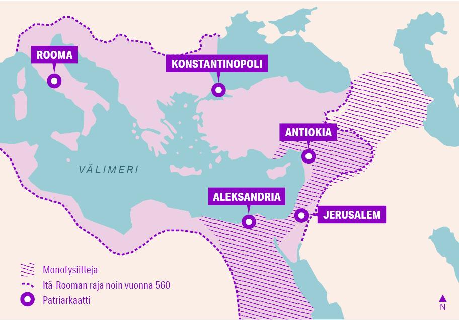 Kartta, jossa näkyy Välimeren alue sekä hieman muuta Eurooppaa, Lähi-itää ja Afrikkaa. Välimeren ympäristöön on merkitty Itä-Rooman raja noin vuonna 560. Tämän alueen sisälle on merkitty viisi patriarkaattia: Rooma, Konstantinopoli, Antiokia, Jerusalem sekä Aleksandria. Itä-Rooman alueen itäosassa sekä Kaukasuksella alueen ulkopuolella on merkitty alue, jolla esiintyy monofysiittejä.