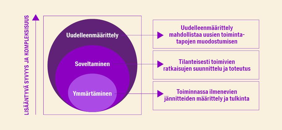 Taso 1: ymmärtäminen eli toiminnassa ilmenevien jännitteiden määrittely ja tulkinta. Taso 2: Soveltaminen eli tilanteisesti toimivien ratkaisujen suunnittelu ja toteutus. Taso 3 eli uudelleenmäärittely: se mahdollistaa uusien toimintatapojen muodostumisen. Syvyys ja kompleksisuus lisääntyy kun siirrtyään ymmärtämisestä soveltamiseen ja edelleen uudelleenmäärittelyyn.