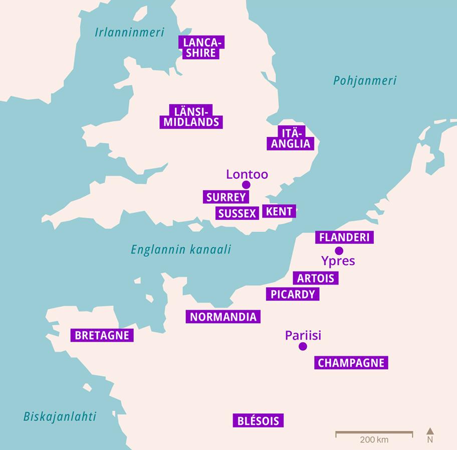 Kartta, johon merkitty seuraavat alueet: Englannissa Lancashire, Länsi-Midlands, Itä-Anglia, Surrey, Sussex ja Kent. Euroopan mantereella Bretagne, Normandia, Blesois, Picardy, Artois ja Flander.