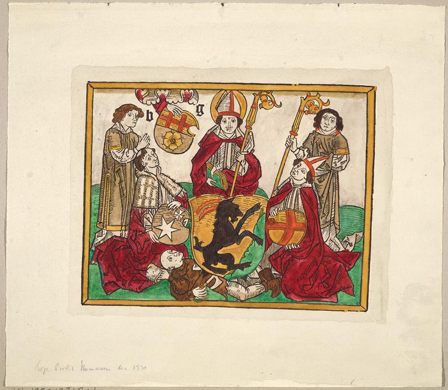 Värikäs keskiaikainen maalaus, jossa kolme punaisiin kaapuihin pukeutunutta miestä ja heidän takanaan kaksi ruskeaan kaapuun pukeutunutta miestä. Keskellä joukkoa on suuri vaakuna, jossa on musta pässi. Vaakunan alla makaa mies kirves kädessään.