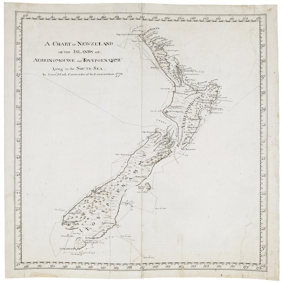 Neliönmuotoiselle paperille piirretty mustavalkoinen kartta, jossa näkyy Uuden-Seelannin saaret.