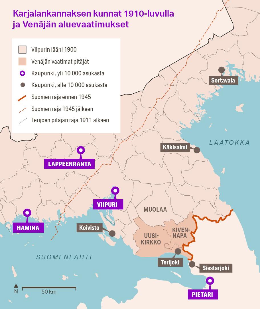 Kartta, jossa näkyy Karjalan kannas. Karttaan on merkitty Viipurin lääni sekä kolme läänin pitäjää, joita Venäjä on aikojen mittaan vaatinut liitettäväksi itseensä. Nämä pitäjät ovat Uusikirkko, Kivennapa ja Terijoki. Karttaan on merkitty neljä suurempaa kaupunkia Pietari, Viipuri, Lappeenranta ja Hamina. Pienemmistä paikkakunnista on merkitty Terijoki, Siestarjoki, Koivisto, Käkisalmi ja Sortavala. Kartassa näkyy myös Suomen raja ennen vuotta 1945 sekä tuota lännempänä sijaitseva vuoden 1945 raja.