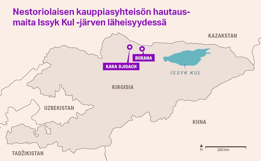 Kartta, jossa näkyy Kirgisian valtio sekä sen naapurivaltioita (Kazakstan, Uzbekistan, Tadžikistan ja Kiina). Kirgisian pohjoisrajan lähellä on merkattuna kaksi paikkaa: Kara Djigach ja Burana. Näiden itäpuolella on suuri Issyk Kul -niminen järvi.