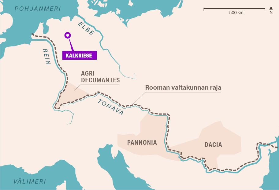 Kartta, jossa näkyy suuri osa Keski- ja Itä-Euroopasta. Rooman valtakunnan raja kulkee Rein- ja Tonava-jokia seuraten Pohjois-Euroopasta kaakkoon Mustallemerelle. Pohjoisessa Rein- ja Elbe-jokien välissä, Reinistä itään, on Kalkriese. Keskisessä Euroopassa näkyy Agri Decumantes -niminen alue, ja kaakossa Pannonia ja Dacia.