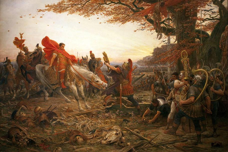 Värikäs ja yksityiskohtainen maalaus, jossa on roomalaisia sotamiehiä syksyisessä maisemassa.
