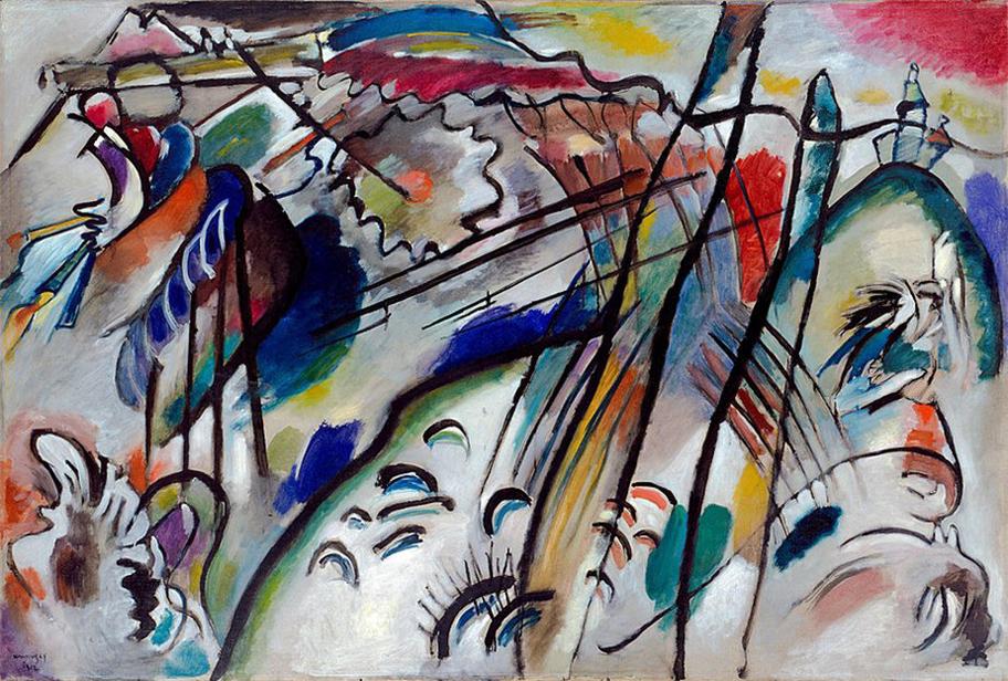 Wassily Kandinskyn maalaus Improvisation 28. Teos on värikäs ja abstrakti.