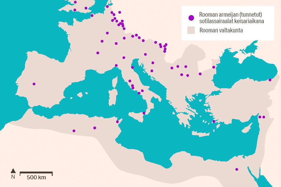 Yksinkertainen kartta Keski-Euroopan ja Välimeren seuduilta. Rooman valtakunta ulottuu Iso-Britanniasta ja Keski-Euroopasta Välimeren alueelle. Sotilassairaaloita on viitisenkymmentä ja niitä sijaitsee ympäri Rooman valtakuntaa. Eniten sairaaloita sijaitsee Rooman valtakunnan rajan tuntumassa Keski-Euroopassa ja pohjoisessa Keski-Euroopassa.