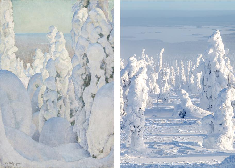 Vasemmalla on maalaus, jonka etualalla on tiivis rykelmä paksuun lumeen peittyneitä kapeita puita ja taustalla näkyy kauempana sijaitsevaa lumista metsää. Oikealla on valokuva, jossa on paksuun lumikerrokseen peittyneitä kapeita puita ja taustalla lumen peittämää metsä- ja järvimaisemaa.