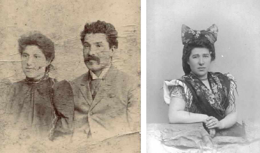 Vasemmalla mustavalkoinen, hieman huonokuntoinen valokuva, jossa nainen ja mies istuvat vierekkäin. Oikealla mustavalkoinen valokuva, jossa nainen istuu tasaisen taustan edessä kameraan katsoen.