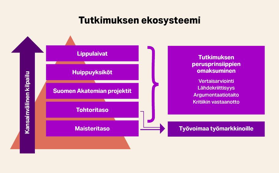 Vasemmalla on ylöspäin osoittava nuoli, jossa lukee kansainvälinen kilpailu. Sen oikealla puolella on  allekkain lippulaivat, huippuyksiköt, Suomen Akatemian projektit, tohtoritaso ja maisteritaso.  Taustalla on iso kolmio. Näistä osoittaa nuoli oikealle laatikkoon, jossa lukee Tutkimuksen perusprinsiippien omaksuminen: vertaisarviointi, lähdekriittisyys, argumentaatiotaito, kritiikin vastaanotto. Tohtoritaso- ja maisteritaso-kohdista lähtee nuoli oikealle laatikkoon, jossa lukee Työvoimaa työmarkkinoille.