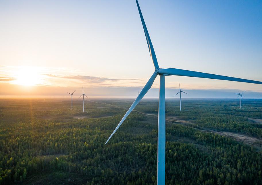 Viisi suurta valkeaa turbiinia avarassa metsäisessä maisemassa.