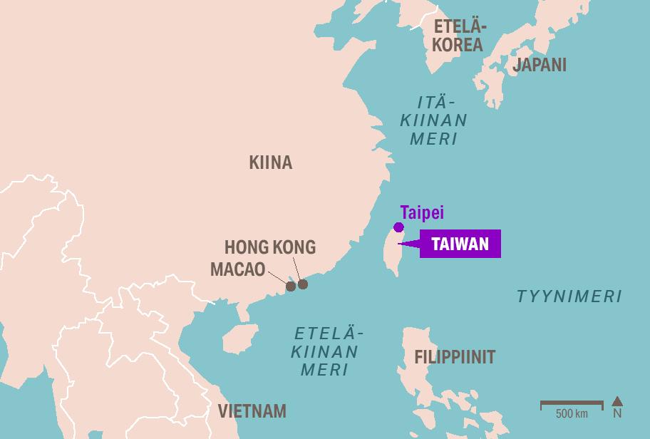 Kartassa on kuvattu Kiinan lisäksi osa Korean niemimaasta ja Japani pohjoisessa ja kaakkois-Aasiaa sekä Filippiinit etelässä. Taiwanin pohjoispuolella on Itä-Kiinan meri ja eteläpuolella Etelä-Kiinan meri. Lännessä avautuu Tyynimeri.